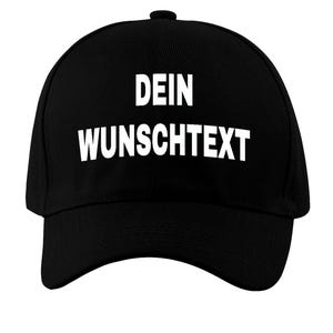Könnte beinhalten: Eine schwarze Baseballkappe mit weißem Text, der "DEIN WUNSCHTEXT" lautet.