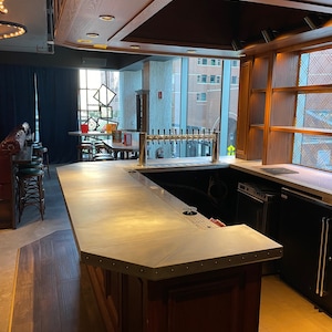 Commercial metal bar tops- Custom zinc, copper and brass restaurant bar tops, tables
