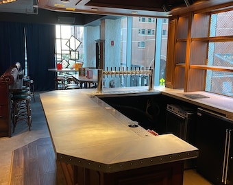 Commercial metal bar tops- Custom zinc, copper and brass restaurant bar tops, tables