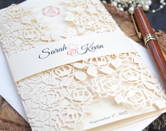 Laser Cut Wedding Invitation, Ivory Floral Cover