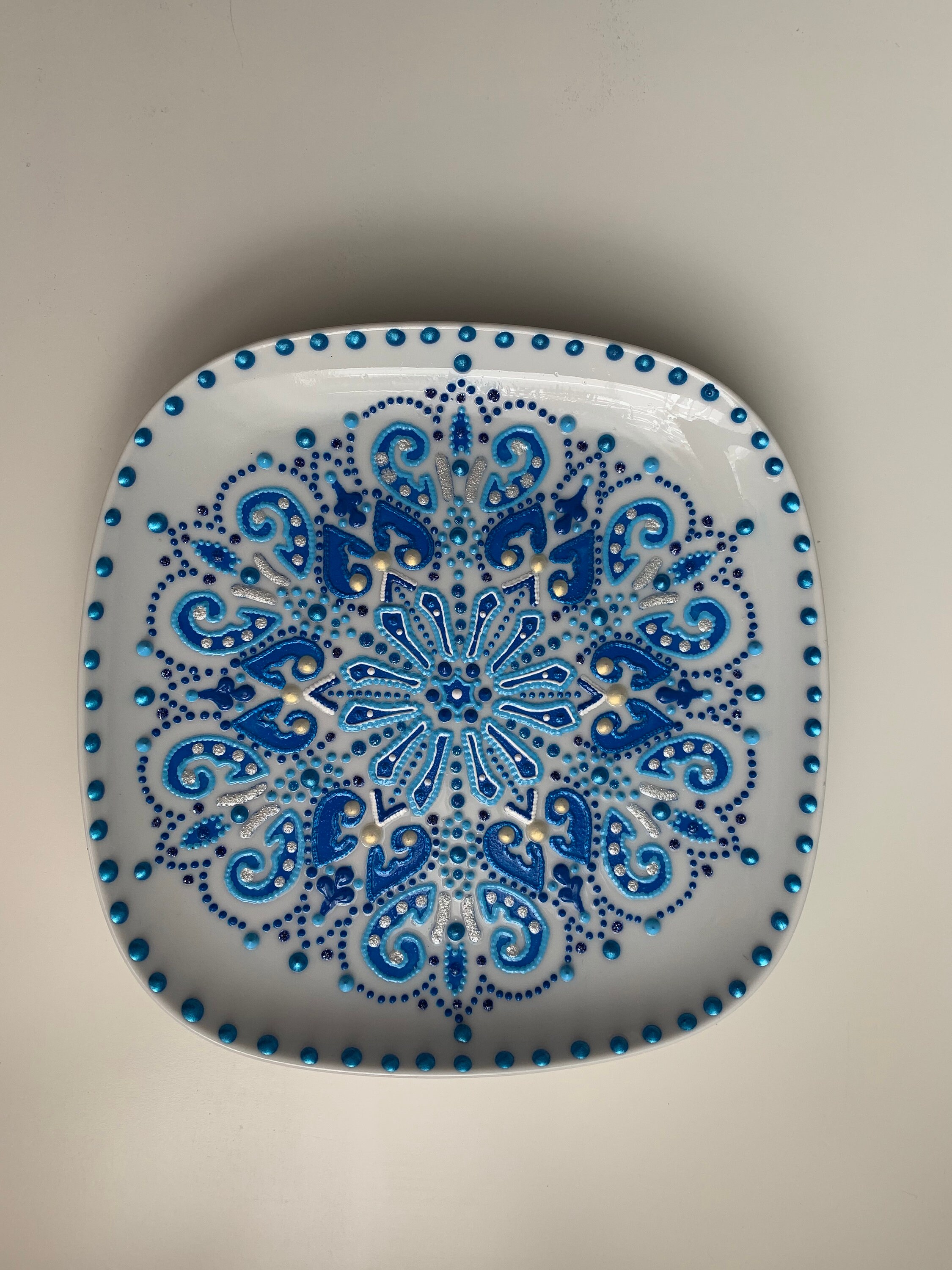 White decorative square plate with a pattern of lace Etsy