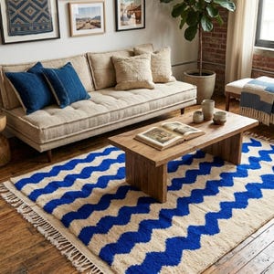 Waves Blue and White Moroccan Rug: Hand-Knotted Wool Carpet