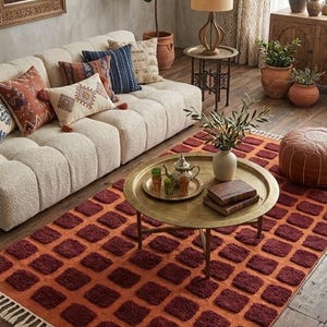 Dark red-orange checkered handwoven wool rug with white tassel fringe; boho modern tassel-edge rug for a reading nook.