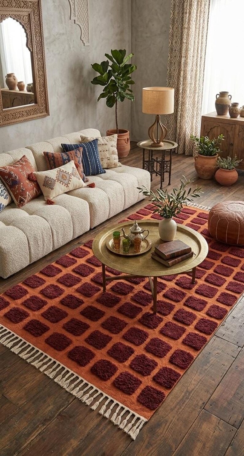 Dark red-orange checkered handwoven wool rug with white tassel fringe; boho modern tassel-edge rug for a reading nook.