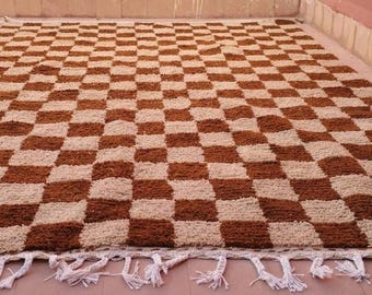 Light Brown Checkered Moroccan Rug: Handmade Wool Checkerboard Carpet