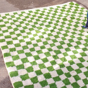 Checkered Moroccan Wool Rug: Handwoven Green & White Carpet