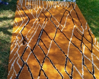 Boho Rug Wool Yellow Black: Handmade Shaggy Moroccan Azilal Carpet