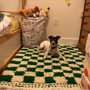 Checkered Moroccan Wool Rug: Hand-Knotted Green & White Carpet