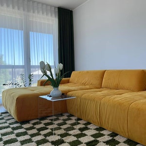 Moroccan Checkered Wool Rug: Hand-knotted Olive Green  White carpet