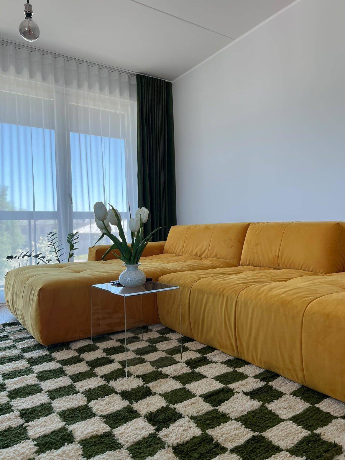 Moroccan Checkered Wool Rug: Hand-knotted Olive Green White carpet