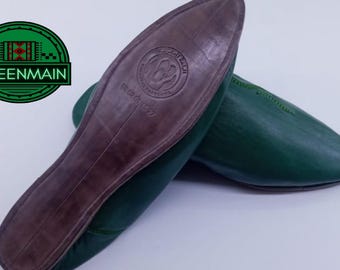 Moroccan Babouche Slippers Green Natural Leather Indoor Shoes