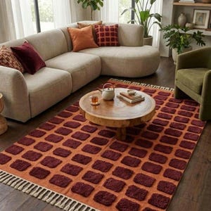 Dark red-orange checkered handwoven wool rug with white tassel fringe; boho modern tassel-edge rug for a reading nook.