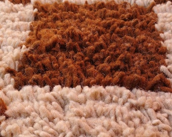 Handmade Wool Moroccan Rug Runner: Brown Cream Plaid Check Pattern