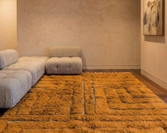 Yellow bloc Tassel Edge Rug, Red White Black Wool, Modern Reading Nook Rug