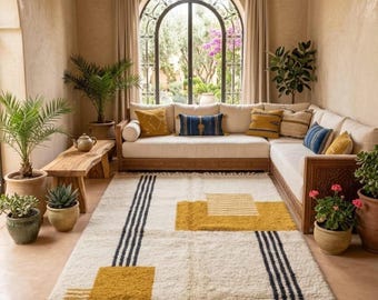 Tassel Edge Rug, Mustard Wool Azilal Area Rug, Cozy Living Room Accent