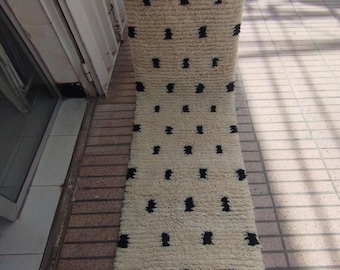 Handmade Berber Runner Rug: White Moroccan Rug with Black Dots