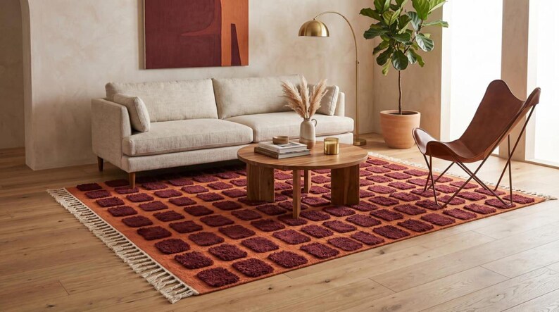 Dark red-orange checkered handwoven wool rug with white tassel fringe; boho modern tassel-edge rug for a reading nook.