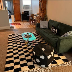 Handmade Moroccan Checkered Rug: Black and White Shaggy Wool Carpet