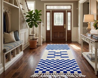 Hallway makeover Blue triangle runner Bohemian Rug Wool Runner: Colorful Handmade Checkered Carpet Decor