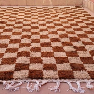 Brown Checkered Rug  Moroccan Rug cream and Brown traditional carpet Handmade checkerboard rug , large area rug made of wool.