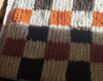 Handmade Wool Berber Runner Rug: Orange, Brown & White Checkered Carpet