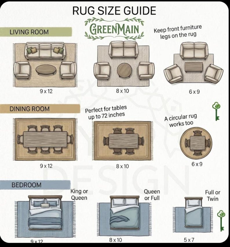 Rug size guide showing living, dining, and bedroom layouts with rug sizes (9x12, 8x10, 6x9) and GreenMain branding.