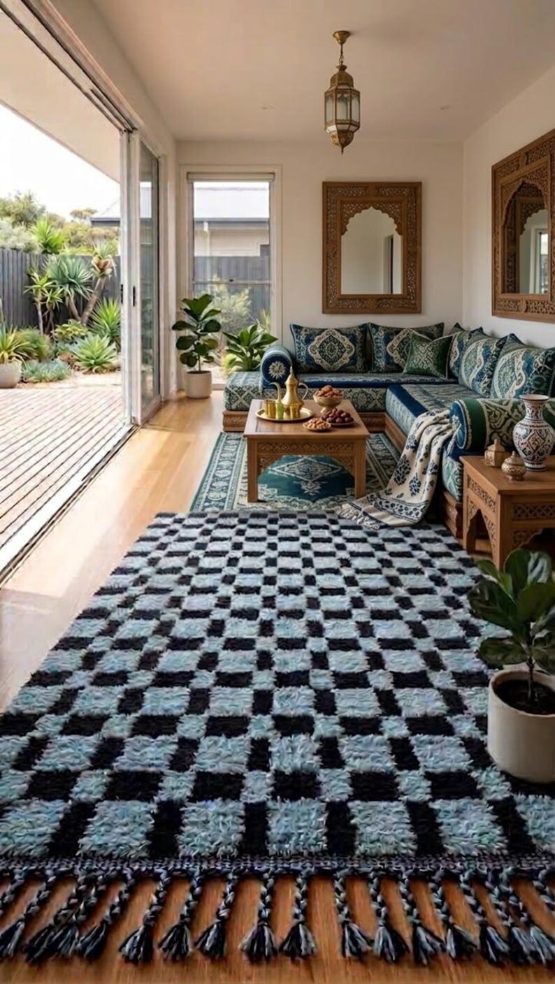 Moro Con Rugs Pattern Hand-knotted Wool Moroccan Stripe Rug, Black-light Blue Boho Fringe ...