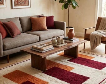 Orange Red White  Wool, Modern Reading Nook Rug Tassel Edge Rug.