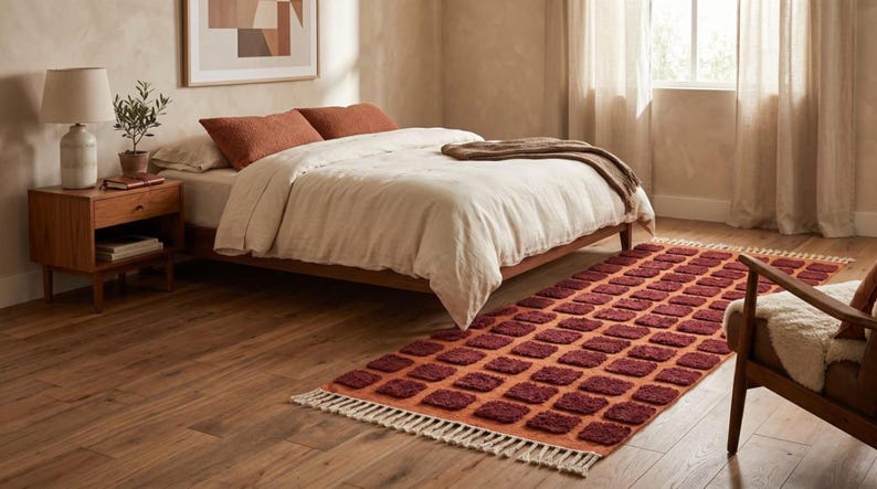 Dark red-orange checkered handwoven wool rug with white tassel fringe; boho modern tassel-edge rug for a reading nook.