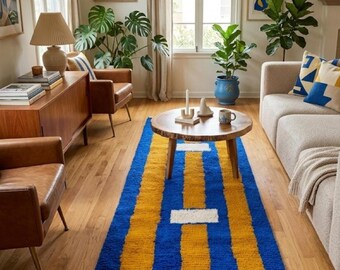 Handwoven Wool Runner Rug, Blue Yellow Moroccan Stripe, Soft Floor Decor