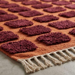 Dark red-orange checkered handwoven wool rug with white tassel fringe; boho modern tassel-edge rug for a reading nook.
