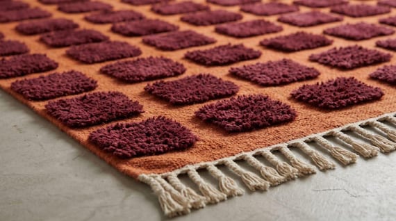 Handwoven Wool Rug: Reading corner rugDark Red-Orange Checkered Tassel Fringe, Boho Modern Style