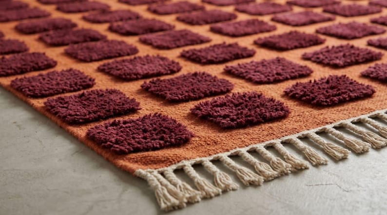 Dark red-orange checkered handwoven wool rug with white tassel fringe; boho modern tassel-edge rug for a reading nook.