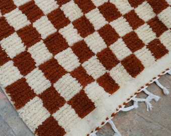 Light brown and White Checkered Moroccan carpet- Handwoven Wool Runner tassel edge rug