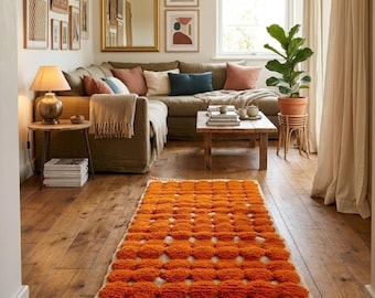 Berber Wool Runner Rug: Orange Rosette Tufted Handmade Moroccan Decor