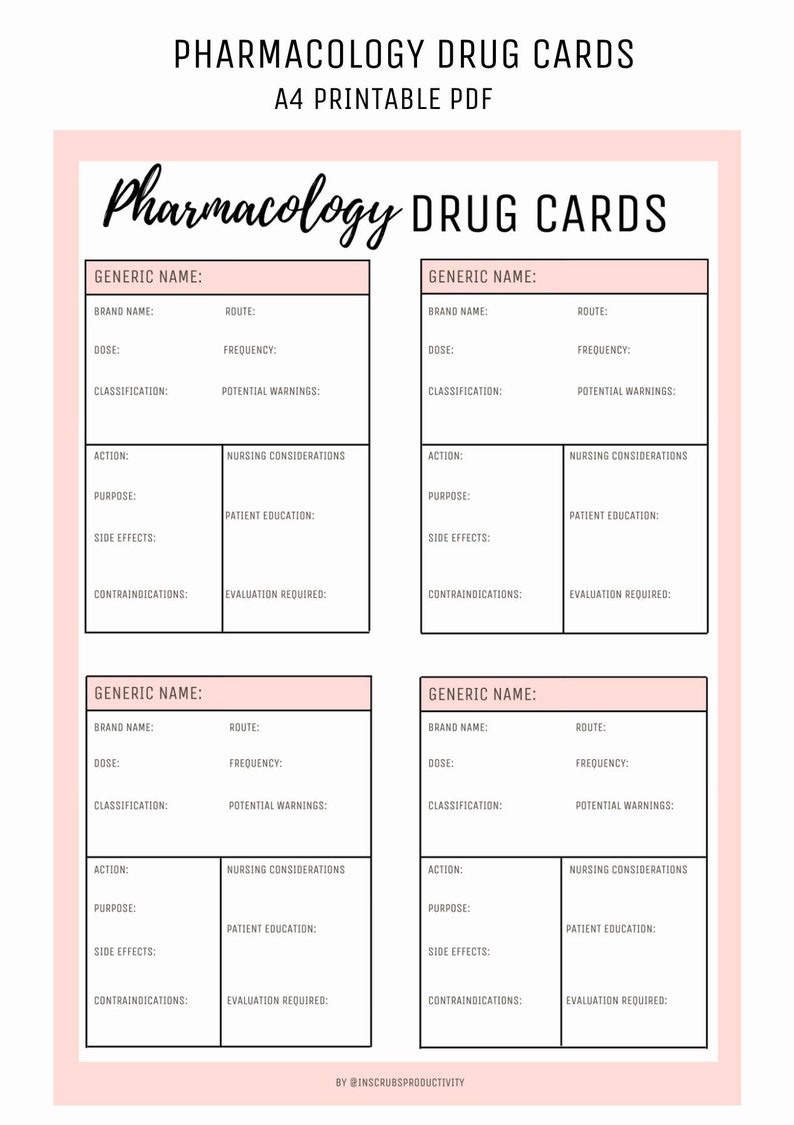 Pharmacology Drug Flashcards A4 Digital Printable PDF Etsy