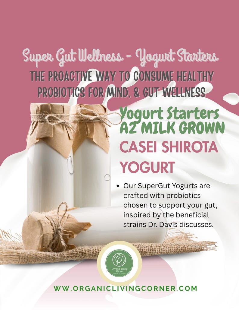 Może przedstawiać: Reklama starter&oacute;w do jogurtu Super Gut Wellness. Na zdjęciu trzy białe szklane butelki jogurtu z brązowym papierem i sznurkiem wok&oacute;ł szyjek. Tekst na zdjęciu zawiera "Yogurt Starters A2 Milk Grown Casei Shirota Yogurt."