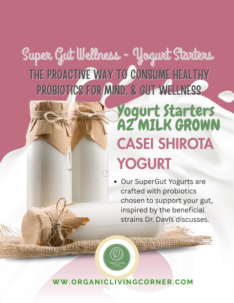 Może przedstawiać: Obraz trzech białych szklanych butelek z jogurtem. Dwie stoją prosto, a jedna leży. Butelki są zamknięte brązowym papierem i sznurkiem. Tekst na obrazie to "Super Gut Wellness - Yogurt Starters" i "A2 Milk Grown Casei Shirota Yogurt."