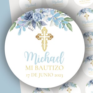 Blue Floral Baptism Stickers, Gold Cross Printed Labels, Boy Christening Favor Sticker, Religious Party Decor, Baptism, Bautizo, boy baptism