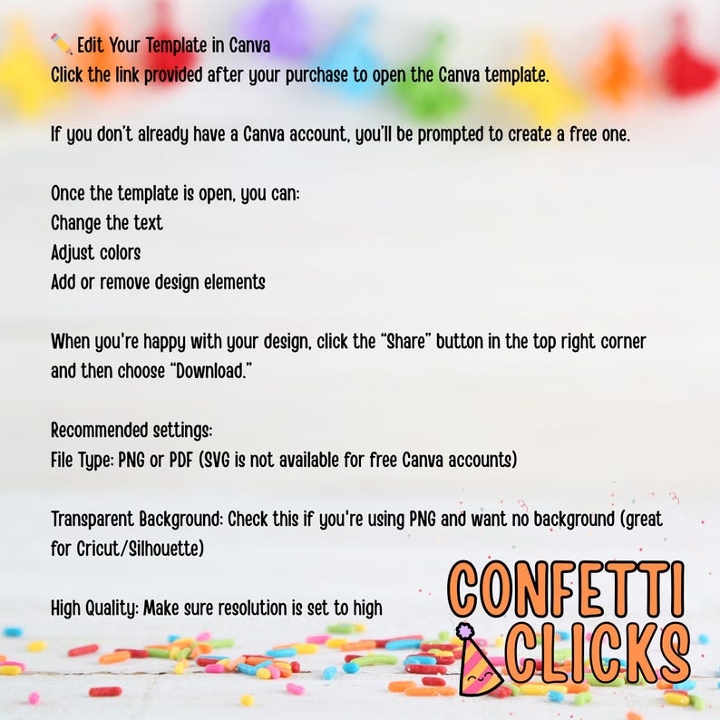 May include: A digital design template with instructions for use in Canva. The image includes text on how to edit, adjust colors, and download the design. The bottom right corner features the text "Confetti Clicks" with a party hat.