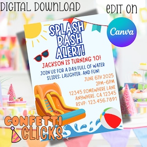 Splash Bash Invitation, Splish Splash Water Slide Birthday Invitation, Editable Pool Party Invite, Summer Water Park Bash, Beach Party