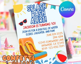 Splash Bash Invitation, Splish Splash Water Slide Birthday Invitation, Editable Pool Party Invite, Summer Water Park Bash, Beach Party