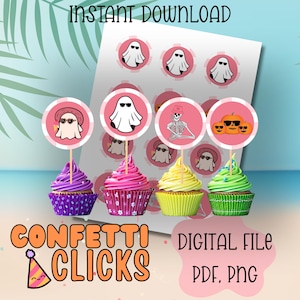 Pink Summerween Cupcake toppers, Cute Halloween in Summer Decor, Digital or Printable toppers, Pastel Spooky Party Decoration, edible images