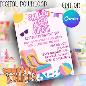 Splash Bash Invitation, Splish Splash Water Slide Birthday Invitation, Editable Pool Party Invite, Summer Water Park Bash, Beach Party