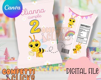 Abejita Chiquitita Chip Bag Plim Plim, Bee Birthday Chip Bag Editable, Niña Fiesta Infantil PDF, Digital Download | Cute Bee Party