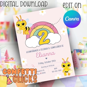 May include: A digital download birthday invitation with a bee theme. The invitation features a rainbow, the number 2, and the name Elianna. The text includes "Digital Download", "Edit On Canva", and "Confetti Clicks".