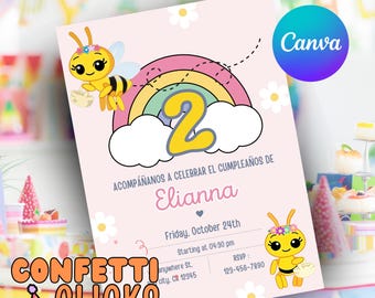 Abejita Chiquitita Einladung Plim Plim, Bienen-Geburtstags-Einladung bearbeitbar, Niña Fiesta Säuglingil PDF, digitaler Download | Niedliche Bienenparty