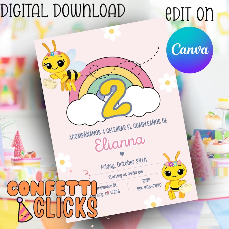 May include: A digital download birthday invitation with a bee theme. The invitation features a rainbow, the number 2, and the name Elianna. The text includes "Digital Download", "Edit On Canva", and "Confetti Clicks".