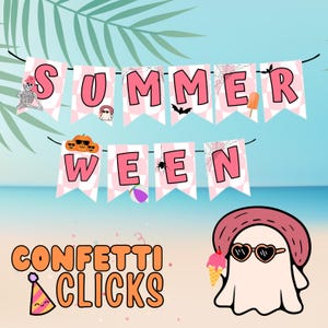 Pink Summerween Banner, Cute Halloween in Summer Decor, Digital or Printable Banner, Pastel Spooky Party Decoration, summerween pool party