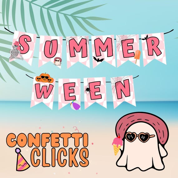 Pink Summerween Banner, Cute Halloween in Summer Decor, Digital or Printable Banner, Pastel Spooky Party Decoration, summerween pool party